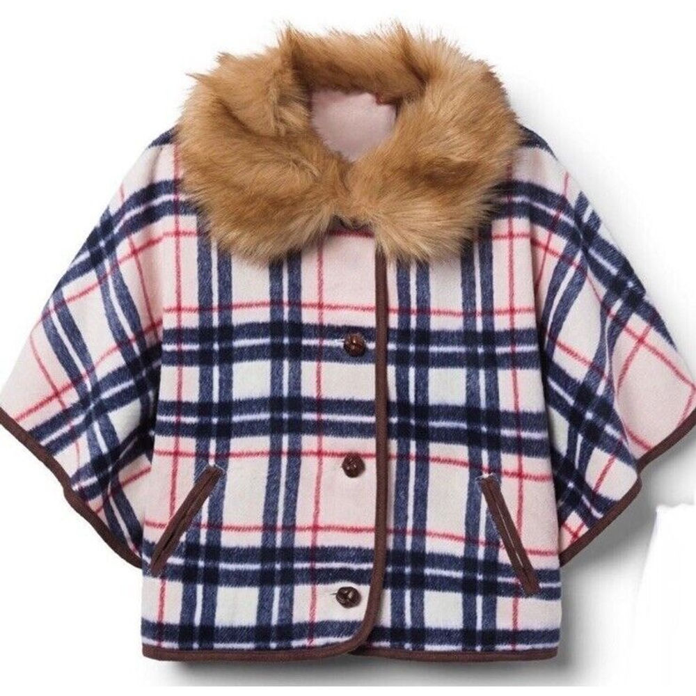 NWT Janie & Jack Plaid Cape Poncho Overcoat Faux Fur Collar Girls Size 3-4 Years